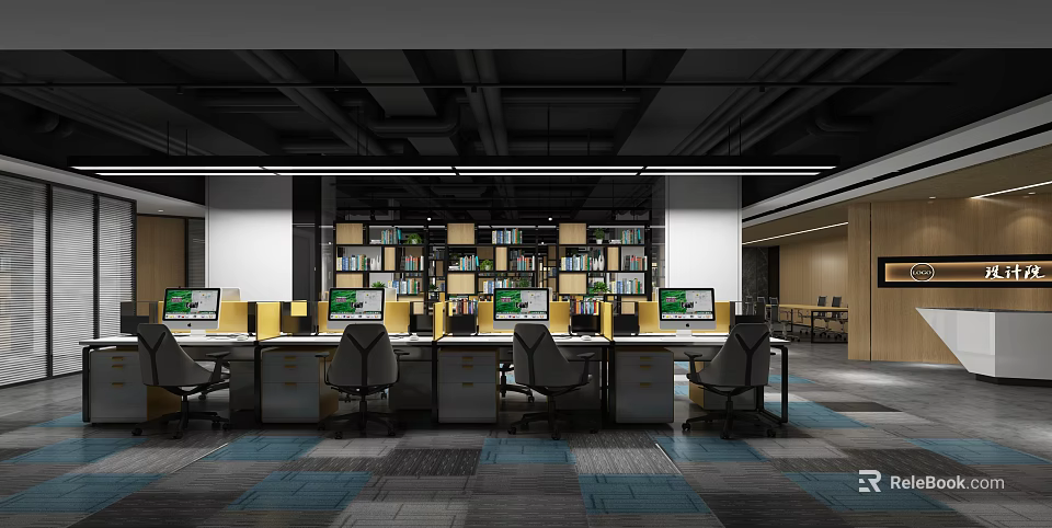 Modern Public Office Space With Workstations Computers Bookshelves And Lighting 3d model