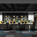 Modern Public Office Space With Workstations Computers Bookshelves And Lighting 3d model