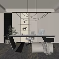Modern Office Interior with Circular Pendant Light Wooden Desk Office Chair Green Plant And Carpet
