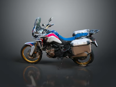 Adventure Touring Motorcycle With Blue Red White Body Gold Wheels And Side Top Cases 3d model