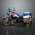 Adventure Touring Motorcycle With Blue Red White Body Gold Wheels And Side Top Cases