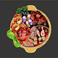 Colorful Hot Pot With Assorted Fresh Ingredients Including Meat Slices Vegetables And Tofu