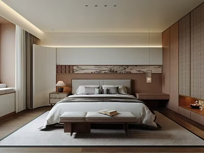 Modern Elegant Bedroom Interior With Large Bed Decorative Wall Art Nightstand Table Lamp And Bench 3d model