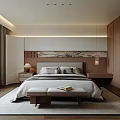Modern Elegant Bedroom Interior With Large Bed Decorative Wall Art Nightstand Table Lamp And Bench