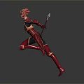 Woman in Red and Black Armor Running With Red Headpiece Holding Red Spear