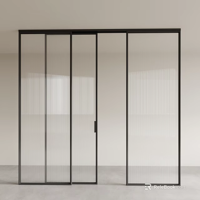 Modern Interior Sliding Doors With Black Frame And Vertical Striped Glass 3d model 