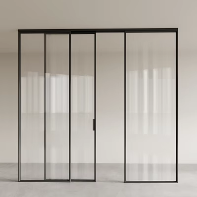 Modern Interior Sliding Doors With Black Frame And Vertical Striped Glass 3d model