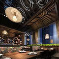 Ya Hui Restaurant Modern Industrial Interior With Hanging Pendant Lights Wooden Staircase And Display Shelves