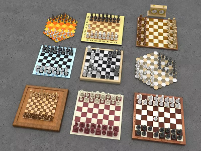 Various Classic Board Games Collection With Colorful Wooden Chess Checkers Boards And Pieces 3d model