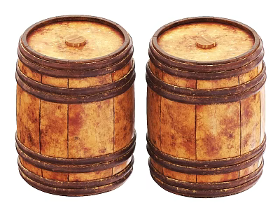 Pair of Vintage Ceramic Vessels Wooden Barrel Shape with Wood Grain Texture and Lids 3d model