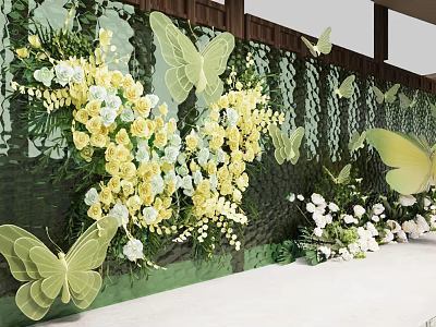 Enchanting Photo Spot With Green Backdrop Yellow White Flowers Green Butterfly Decorations And Floral Arrangements 3d model