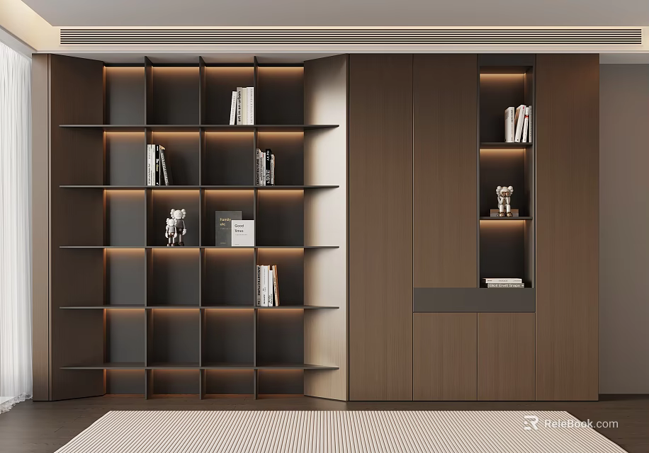 Modern Elegant Built in Bookshelf Interior With Wooden Shelves And LED Lighting 3d model 