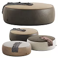 Modern Stylish Round Ottoman Poufs With Leather And Woven Fabrics Neutral Colors And Throw Blankets