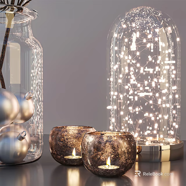 Stylish Decorative Ornament Set With Clear Glass Bottles Fairy Lights Metallic Balls And Candle Holders 3d model 