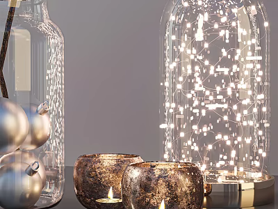Stylish Decorative Ornament Set With Clear Glass Bottles Fairy Lights Metallic Balls And Candle Holders 3d model