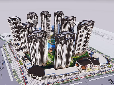 Modern High Rise Residential Complex With Commercial Facilities And Green Areas 3d model