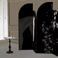 Stylish Black Three Panel Decorative Screen With White Floral Pattern And Small Side Table 3d model