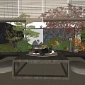 Japanese Courtyard Garden Design With Red Maple Trees Green Plants Stone Lantern And Wooden Table