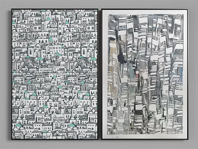 Two Decorative Paintings With House Patterns And Abstract Architectural Structures 3d model