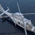 White Civilian Helicopter With Rotors Clear Windows Over Calm Water Surface