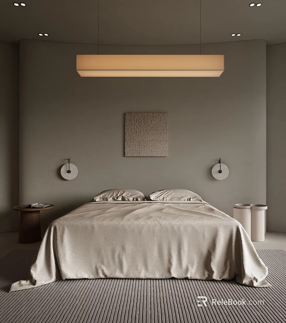 Minimalist Bedroom Interior With Gray Walls Rectangular Pendant Light Textured Art And Round Sconces 3d model 