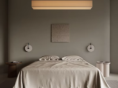 Minimalist Bedroom Interior With Gray Walls Rectangular Pendant Light Textured Art And Round Sconces 3d model