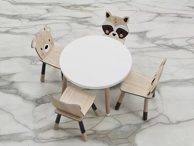 Adorable Kids Table Set with Animal Shaped Wooden Chairs and White Round Tabletop 3d model