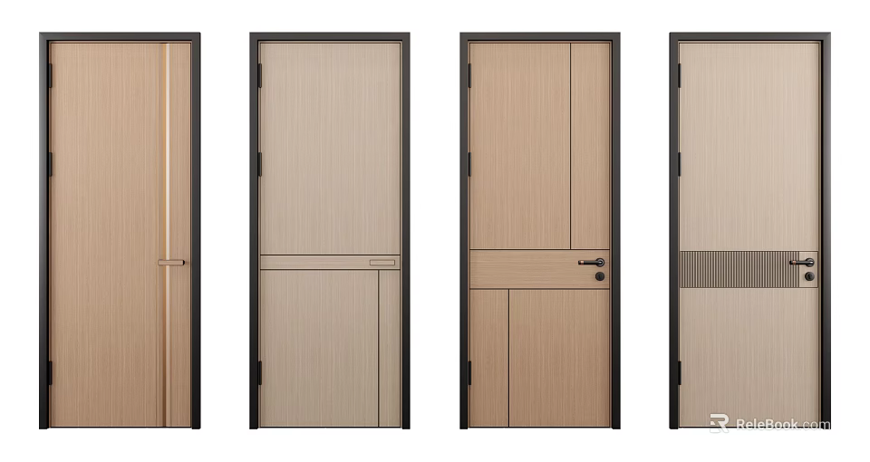 Modern Hinged Doors with Wooden Texture Black Frames and Simple Design Details for Interior 3d model