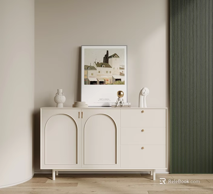 White Entryway Console Cabinet With Arched Doors Drawers And Decorative Items 3d model