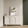White Entryway Console Cabinet With Arched Doors Drawers And Decorative Items 3d model