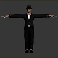 Male Character in Black Suit and Hat Standing with Arms Outstretched on Gray Background