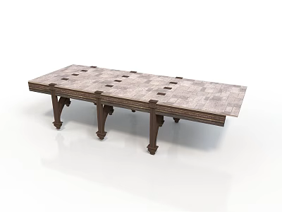Rustic Long Table With Checkerboard Stone Top And Ornate Wooden Carved Legs 3d model