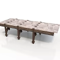 Rustic Long Table With Checkerboard Stone Top And Ornate Wooden Carved Legs