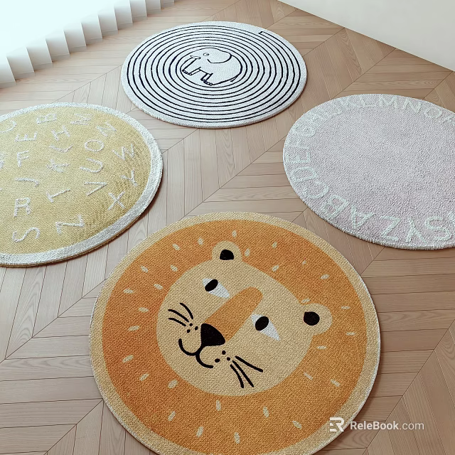 Colorful Round Rugs With Lion Face Alphabet And Spiral Patterns On Wooden Floor 3d model 