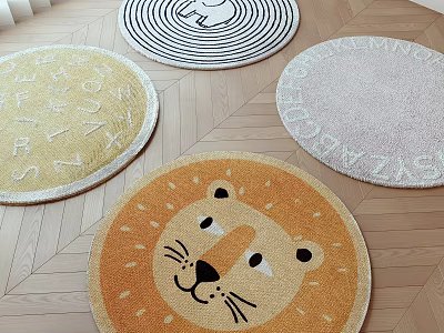 Colorful Round Rugs With Lion Face Alphabet And Spiral Patterns On Wooden Floor 3d model