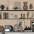 Minimalist Decorative Ornament Combination With Ceramic Vases Books Art Frames And Sculptures On Shelves