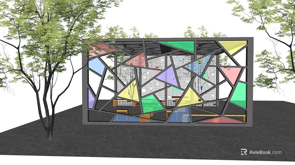 Modern Pergola With Black Frame And Colorful Triangular Panels Surrounded By Trees 3d model
