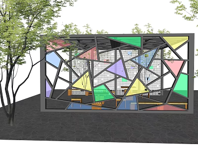 Modern Pergola With Black Frame And Colorful Triangular Panels Surrounded By Trees 3d model