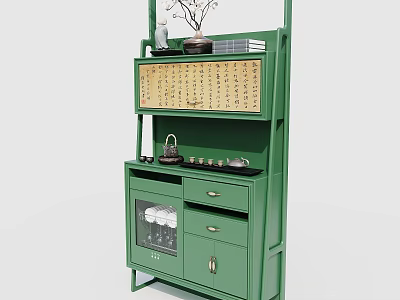 Modern Green Entryway Side Cabinet With Calligraphy Panel Shelf Drawers And Glass Doors 3d model