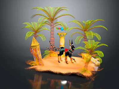 Cartoon Egyptian Scene With Anubis Figure Palm Trees Sandy Landscape And Golden Pyramid 3d model
