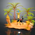 Cartoon Egyptian Scene With Anubis Figure Palm Trees Sandy Landscape And Golden Pyramid