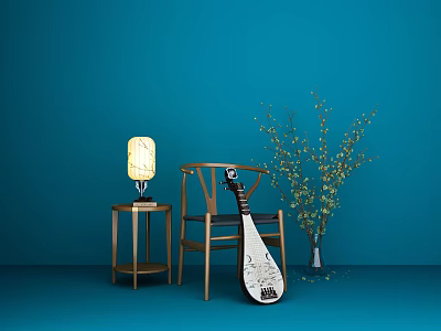 Wooden Chair With Pipa Table Lamp And Flower Vase On Blue Background 3d model