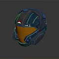 Futuristic Blue Helmet Featuring Orange Visor Gray Accents and Red Emblem Design