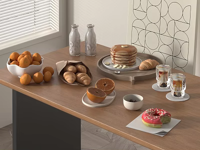 Wooden Breakfast Table With Pancakes Croissants Oranges Donut Bottles And Glasses 3d model