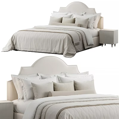 Modern Double Bed With Upholstered Headboard Multiple Pillows Quilted Bedspread And Side Nightstand 3d model