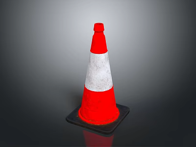 Red And White Striped Traffic Cone With Black Base On Dark Surface 3d model