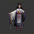 3D Character Woman Wearing Traditional Costume Purple White Robes Red Ribbon Sash Double Bun Hairstyle
