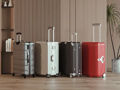Stylish Hard Shell Suitcases With Gray Silver Black Red Colors In Modern Wooden Interior 3d model