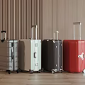 Stylish Hard Shell Suitcases With Gray Silver Black Red Colors In Modern Wooden Interior