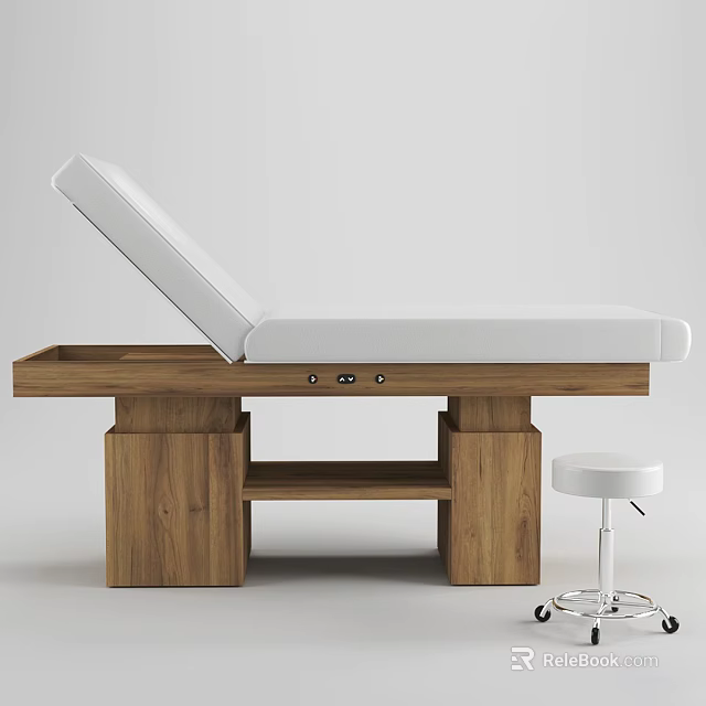 Comfortable Lounge Chair With White Cushion Wooden Base And Small Stool 3d model 